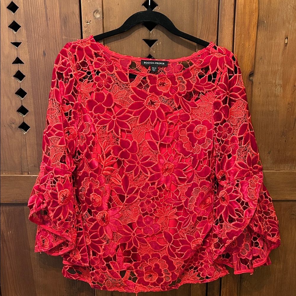 Boston Proper Red Floral Lace Top NWOT